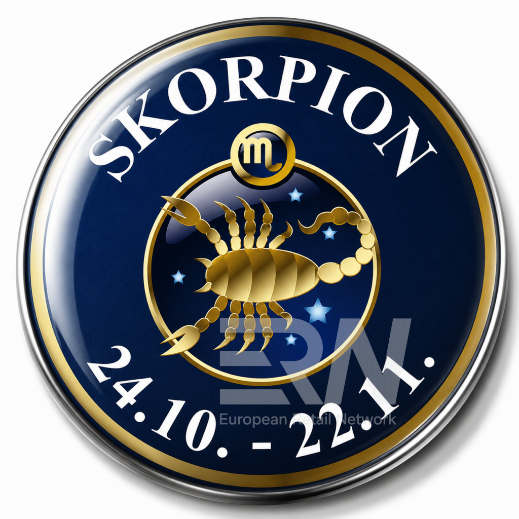 Glas-Arts Magnet mit Sternzeichen Skorpion. Verfügbares Standardmotiv für Souvenirshops und Geschenkeshops.